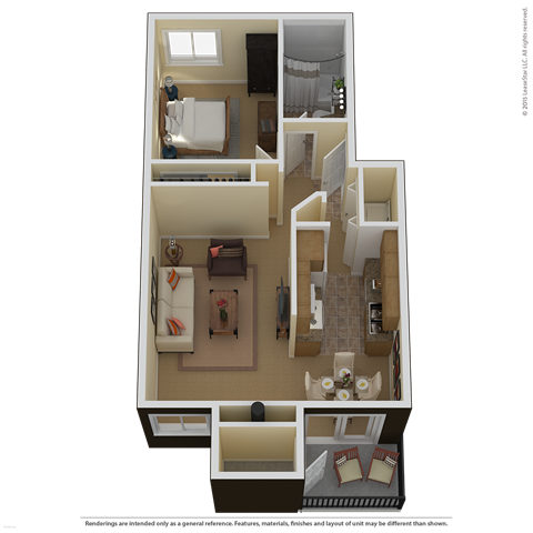 Floor plan for 1 bed, 1 bath, 700 sqft